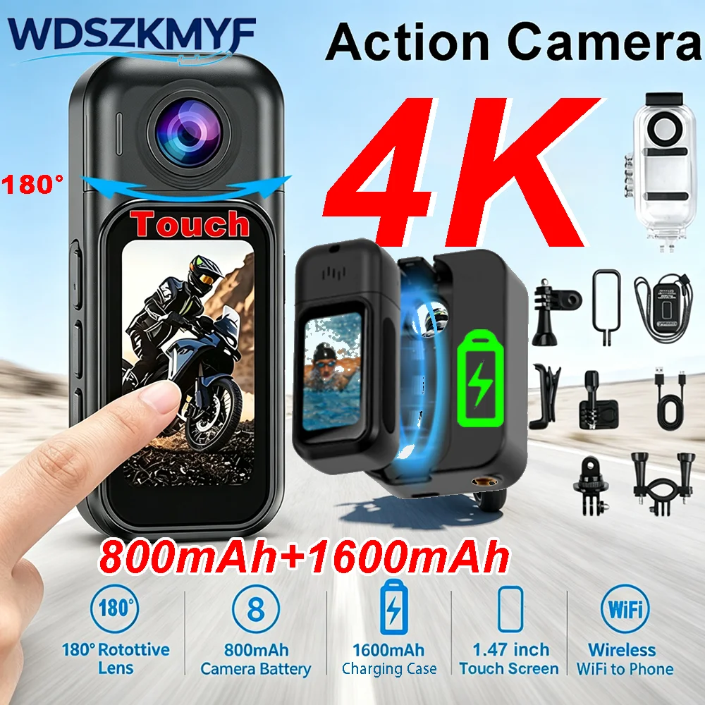 Car Accessories Online - กล้องวิดีโอมินิ WiFi 4K/1080P พร้อมกล่องชาร์จ กล้องพกพาสำหรับมอเตอร์ไซค์ จักรยาน