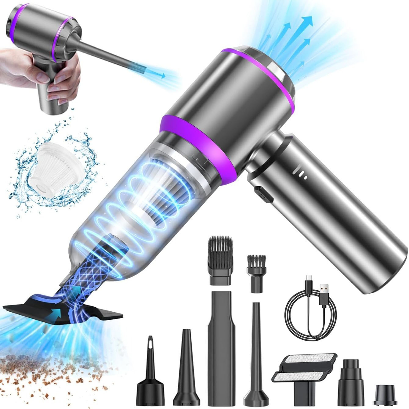 Car Vacuum Cleaner - เครื่องดูดฝุ่นในรถยนต์ทรงพลัง | เครื่องทำความสะอาดรถยนต์แบบพกพาไร้สาย | เครื่องเป่าลมแรงทรงพลัง เหมาะสำหรับเครื่องใช้ไฟฟ้าภายในบ้านและไดร์เป่าผม