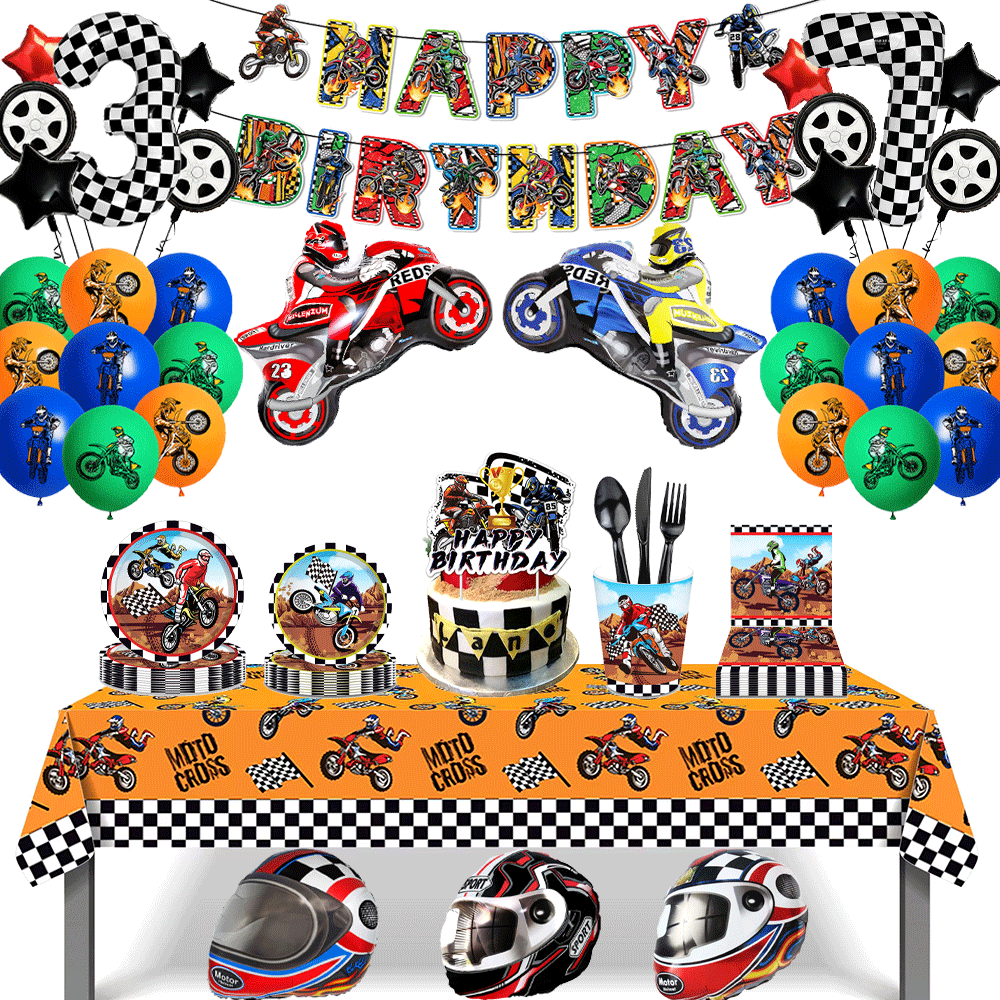 Car Accessories Banner - ธงป้ายสุขสันต์วันเกิดธีมมอเตอร์ไซค์ จาน ป้ายตกแต่งเค้ก หมวกกันน็อค บอลลูนมอเตอร์ครอส ของตกแต่งวันเกิดรถวิบาก