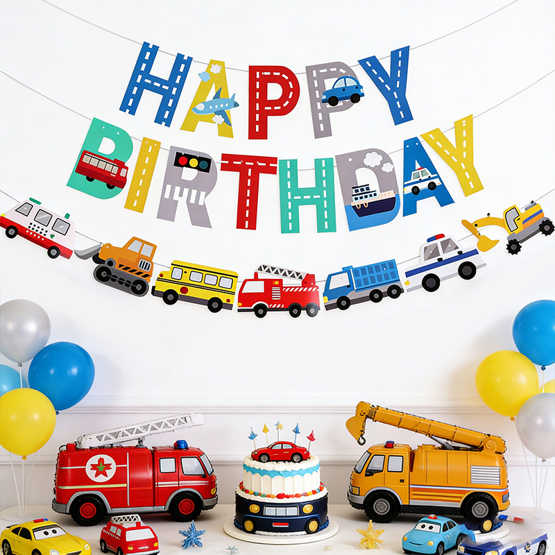 Car Accessories Banner - ป้ายแบนเนอร์สุขสันต์วันเกิดลายการ์ตูนรถยนต์สำหรับเด็กผู้ชาย ชุดตกแต่งงานวันเกิดธีมรถก่อสร้าง ของชำร่วยงานเลี้ยงวันเกิด อุปกรณ์สำหรับงานเลี้ยงฉลองทารก