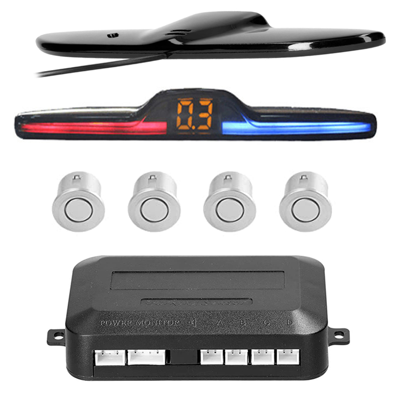 Car Accessories Online - ชุดเรดาร์ถอยหลังรถยนต์ระบบเซ็นเซอร์ที่จอดรถพร้อมเซ็นเซอร์ 4 ตัวระบบช่วยเหลือสํารองพร้อมจอแสดงผล LED ระยะทางเสียงเตือน